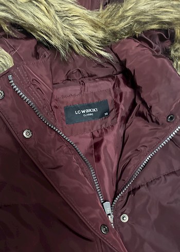 Bordo Kadın Midi Kaban, Kürklü Kapüşonlu - Görsel 2