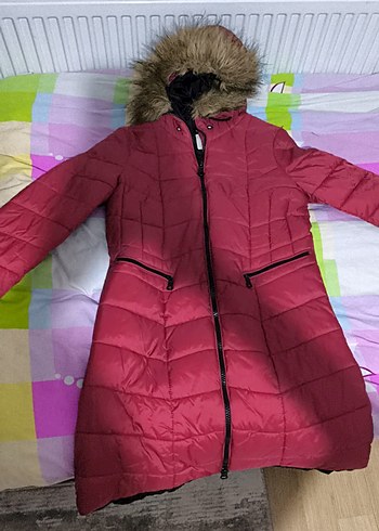 Bordo Uzun Kadın Kaban, Kürk Detaylı - Görsel 3