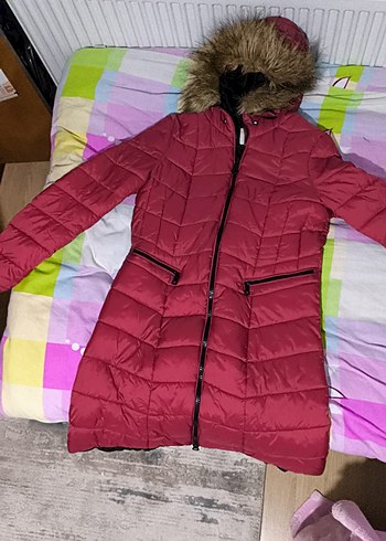 Bordo Uzun Kadın Kaban, Kürk Detaylı - Görsel 2