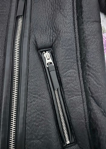 Stradivarius Kürklü Siyah Deri Biker Kadın Ceket