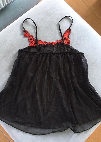 Kırmızı Dantelli Siyah Midi Gecelik - Görsel 2