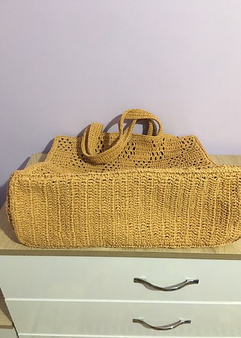 Kağıt ipten el örgüsü geniş plaj çantası - Görsel 4