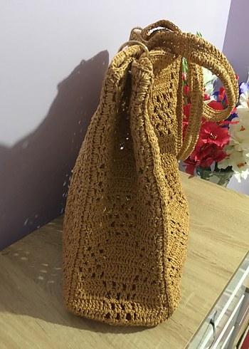 Kağıt ipten el örgüsü geniş plaj çantası - Görsel 2