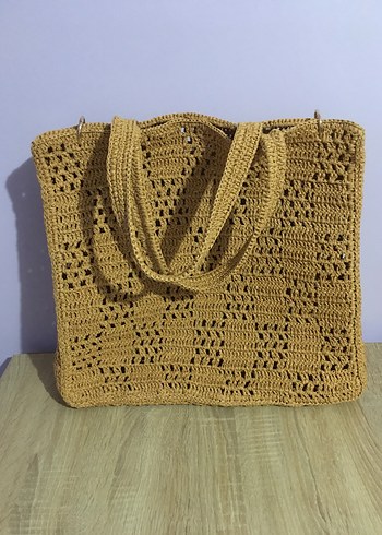 Kağıt ipten el örgüsü geniş plaj çantası - Görsel 5