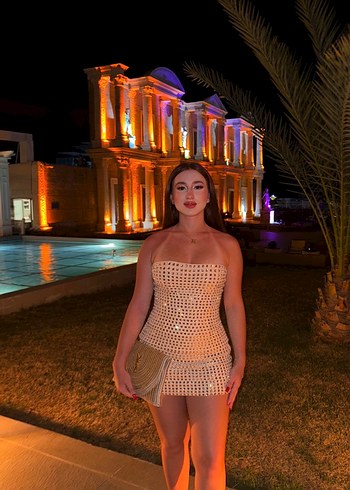 Parlak Gold Mini Straplez Elbise