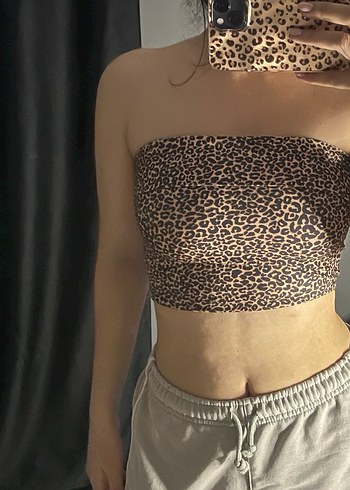 Leopar Görünümlü Straplez Büstiyer Crop
