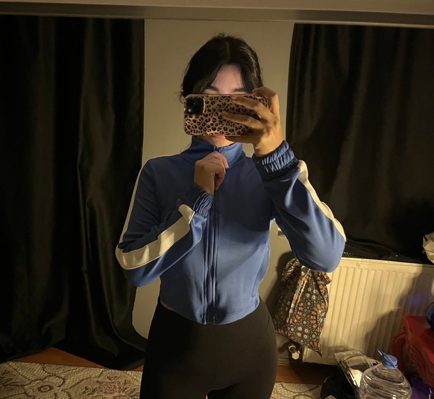 Mavi Yüksek Yakalı Kadın Ceket Hırka - Görsel 2