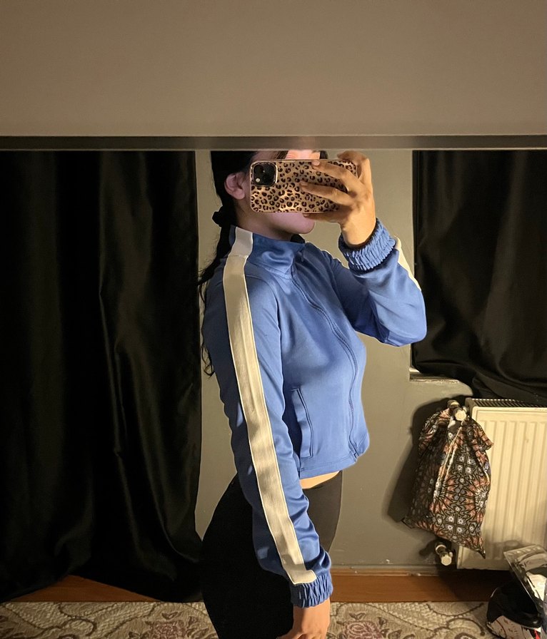 Mavi Yüksek Yakalı Kadın Ceket Hırka - Görsel 3