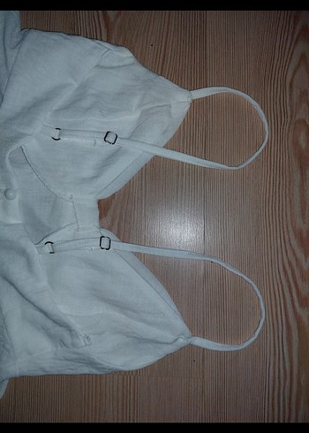 Beyaz Keten Mini Askılı Bluz - Görsel 3