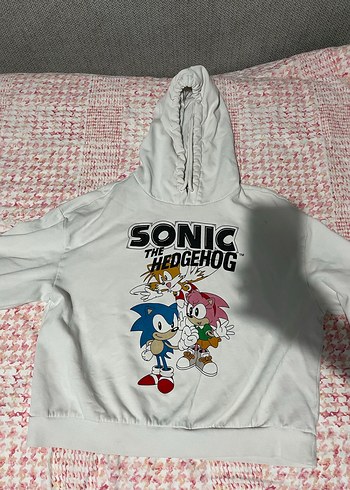 Kadın Sonic Desenli Beyaz Kapüşonlu Sweatshirt
