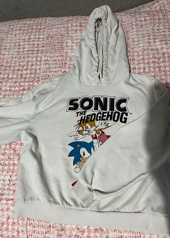 Standart Beden Beden Kadın Sonic Desenli Beyaz Kapüşonlu Sweatshirt