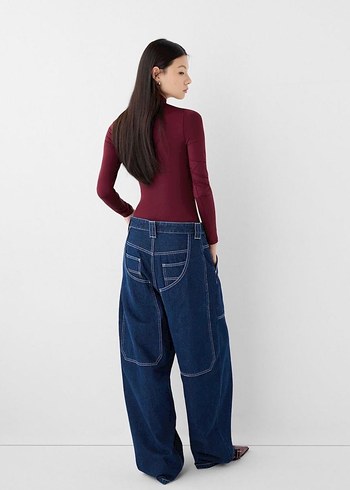 Bershka Kadın Bordo Yüksek Yakalı İnce Bluz - Görsel 4