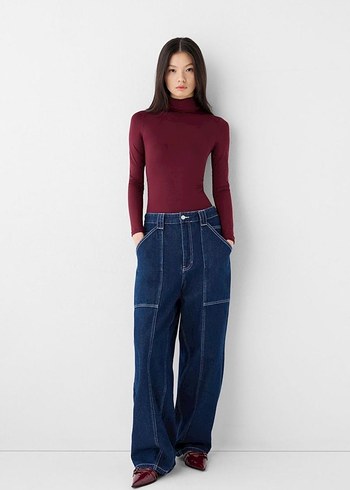 Bershka Kadın Bordo Yüksek Yakalı İnce Bluz - Görsel 5