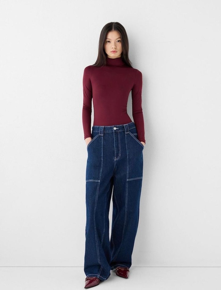 Bershka Kadın Bordo Yüksek Yakalı İnce Bluz - Görsel 5