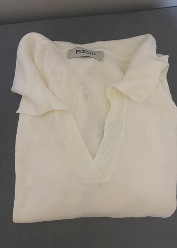 Beyaz Keten Kolye Yaka Uzun Kollu Kadın Kazak - Görsel 2