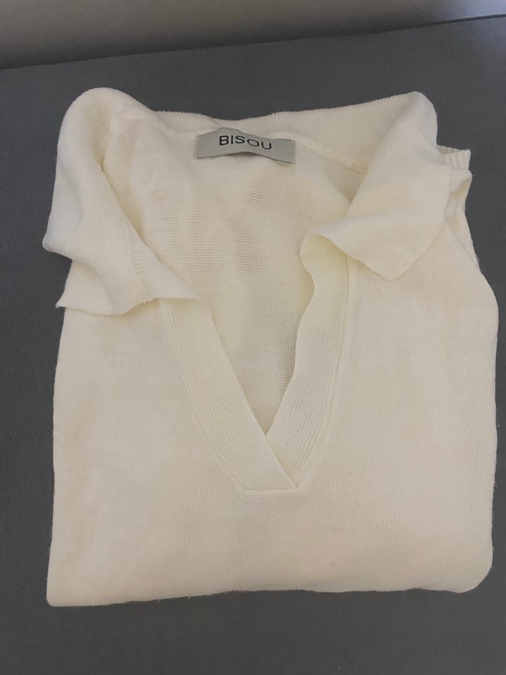 Beyaz Keten Kolye Yaka Uzun Kollu Kadın Kazak - Görsel 2