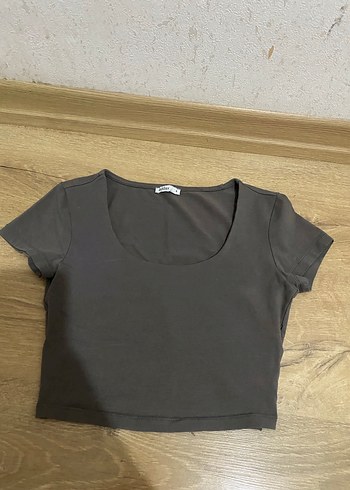 Addax Gri Kısa Kollu kare yaka Crop Top