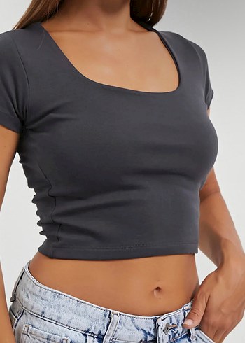 Gri Kısa Kollu kare yaka Crop Top