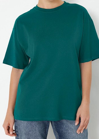 Kadın Yeşil Basic Salaş Tişört oversize