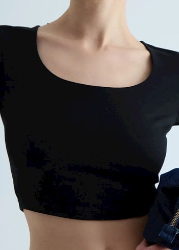Siyah Kadın Crop Top, Tek Renk, Dar Kesim kare yaka