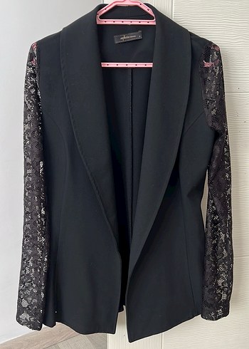 s Beden Dantel Kollu Siyah Midi Blazer