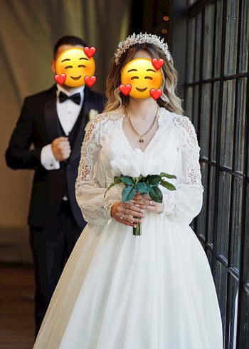 s Beden beyaz Renk Bohem Tarzda V Yaka Uzun Kollu Gelinlik