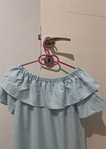 Mavi Keten Fırfırlı Elbise - Görsel 3