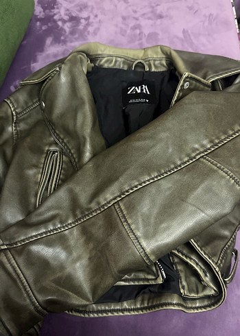 Kadın Haki Deri Biker Ceket - Görsel 3