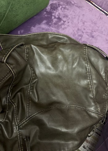 Kadın Haki Deri Biker Ceket - Görsel 5