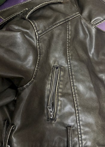 Kadın Haki Deri Biker Ceket - Görsel 7