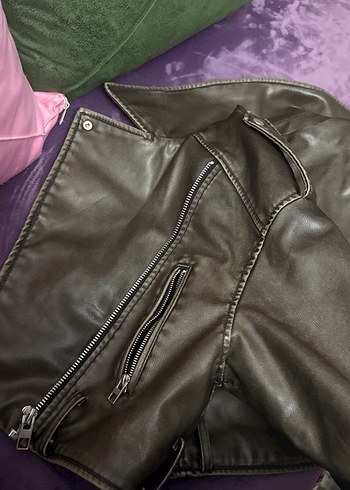 Kadın Haki Deri Biker Ceket - Görsel 6