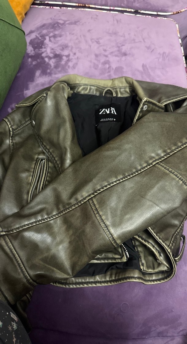 Kadın Haki Deri Biker Ceket - Görsel 3