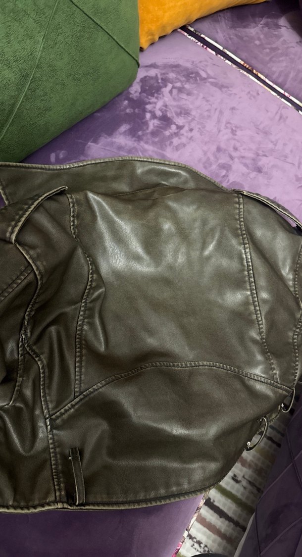 Kadın Haki Deri Biker Ceket - Görsel 5