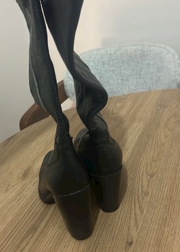 Diğer Siyah Deri Stiletto Topuklu Kadın Diz Boyu Çizme