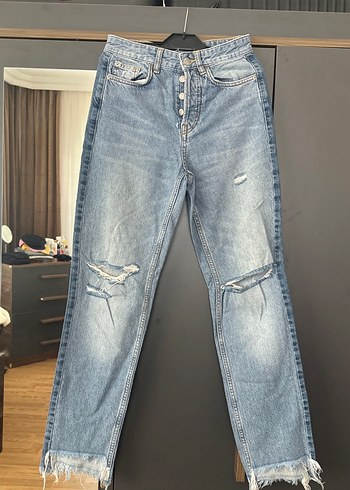Diğer Düğmeli Bol Kesim Mavi Denim Kadın Jean