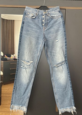 38 Beden Düğmeli Bol Kesim Mavi Denim Kadın Jean