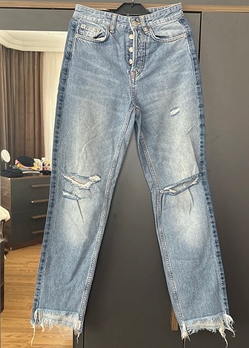 Düğmeli Bol Kesim Mavi Denim Kadın Jean