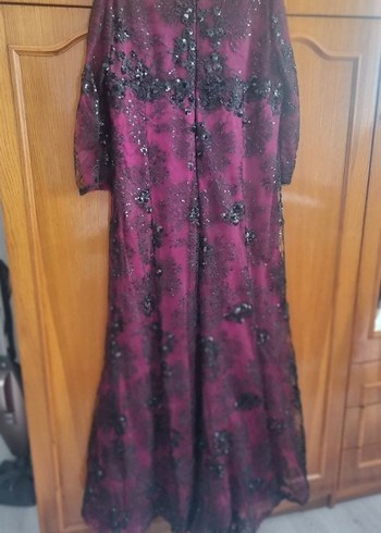 Bordo Uzun Kollu Gotik Abiye Elbise