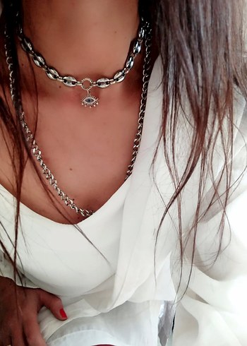 Göz Desenli Gri Mini Çelik Choker Bohem Zincir Kolye