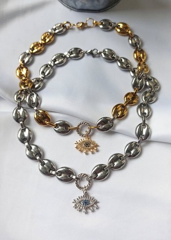  Beden Göz Desenli Gri Mini Çelik Choker Bohem Zincir Kolye