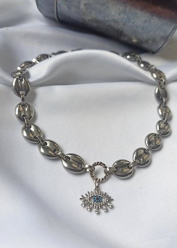 Diğer Göz Desenli Gri Mini Çelik Choker Bohem Zincir Kolye