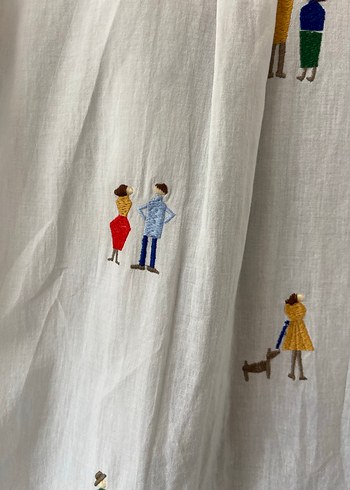 s Beden Nakışlı, uzun kollu, loose fit keten gömlek