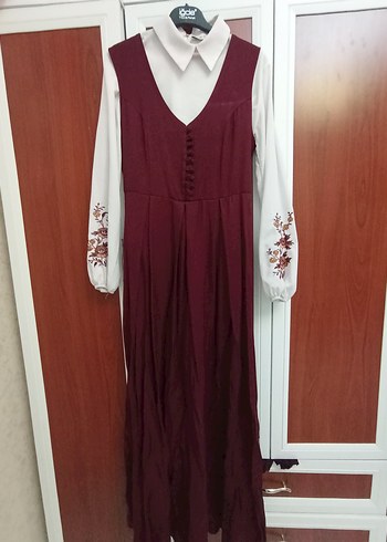 Bordo Nakışlı Pamuklu Uzun Elbise