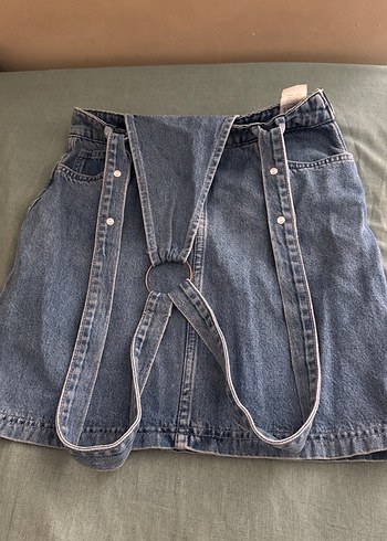 Tokalı Mavi Denim Mini Etek