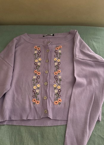 Nakışlı Düğmeli Mor Bohem Hırka