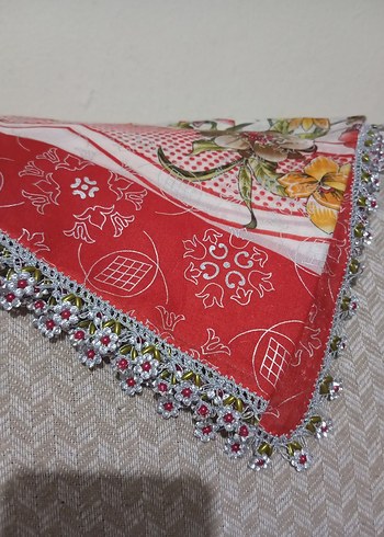 Dantel işlemeli kırmızı vintage kadın eşarp - Görsel 3