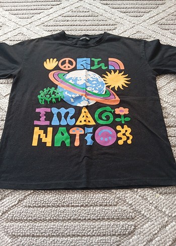 bayan Siyah Baskılı Oversize Tişört - Görsel 2