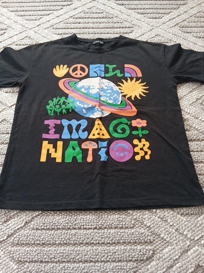 bayan Siyah Baskılı Oversize Tişört - Görsel 2