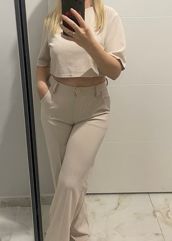 Bej Normcore Midi Kumaş Kadın Pantolon ve bluz