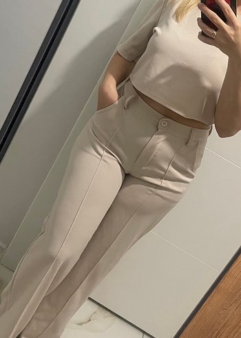 Diğer Bej Normcore Midi Kumaş Kadın Pantolon ve bluz